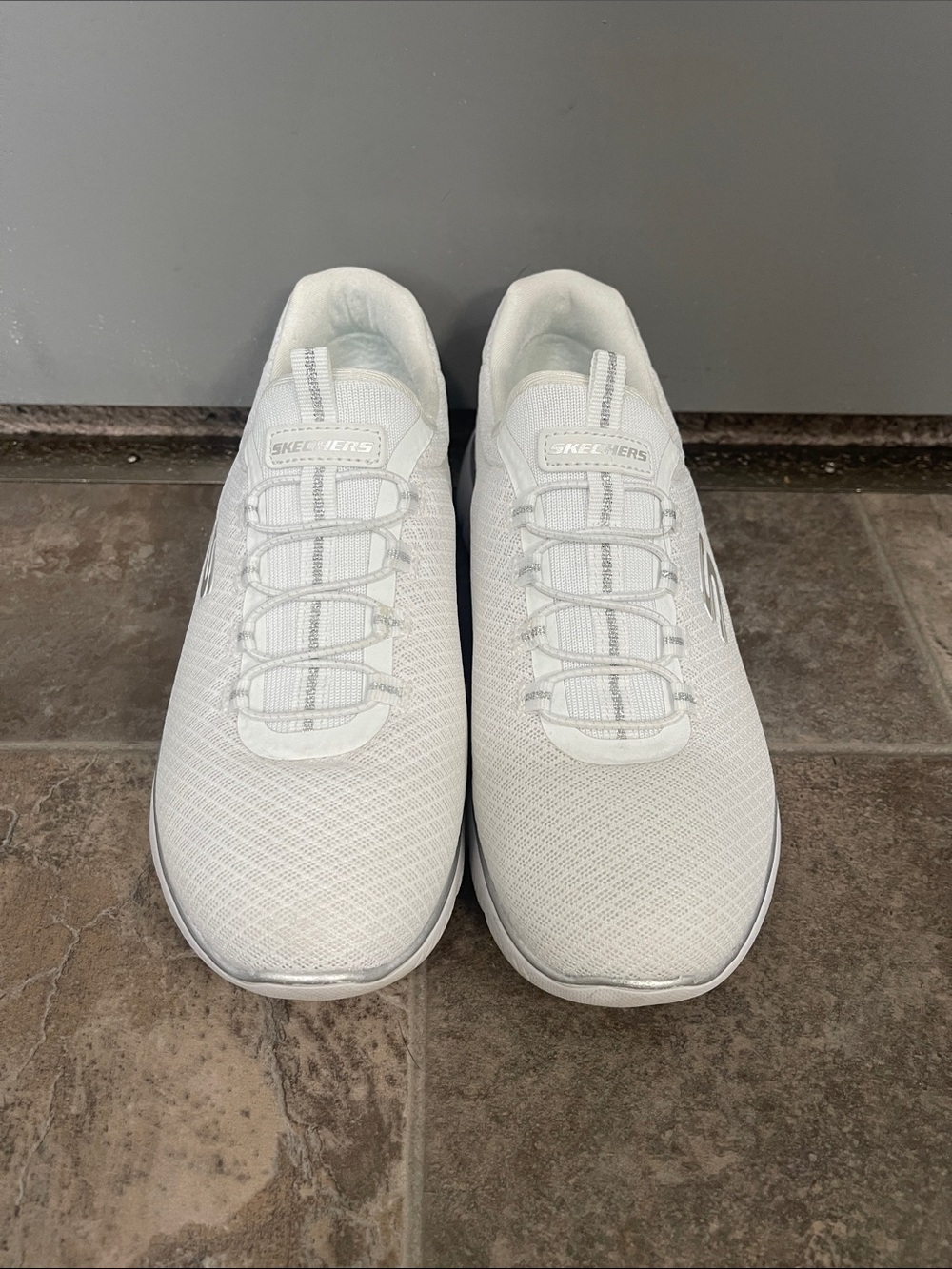 Skechers White Knit Slip-On Athletic Shoes